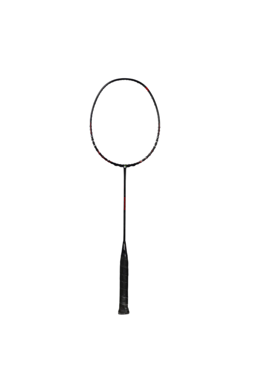 Black badminton racket on a white background